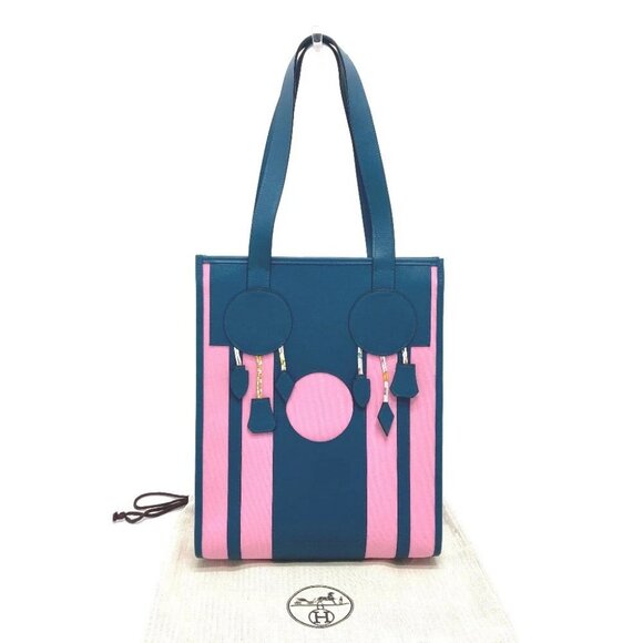 HERMES Petit Ash dream Catcher Shoulder Tote Bag Leather/Canvas Navy x Pink - Picture 1 of 12